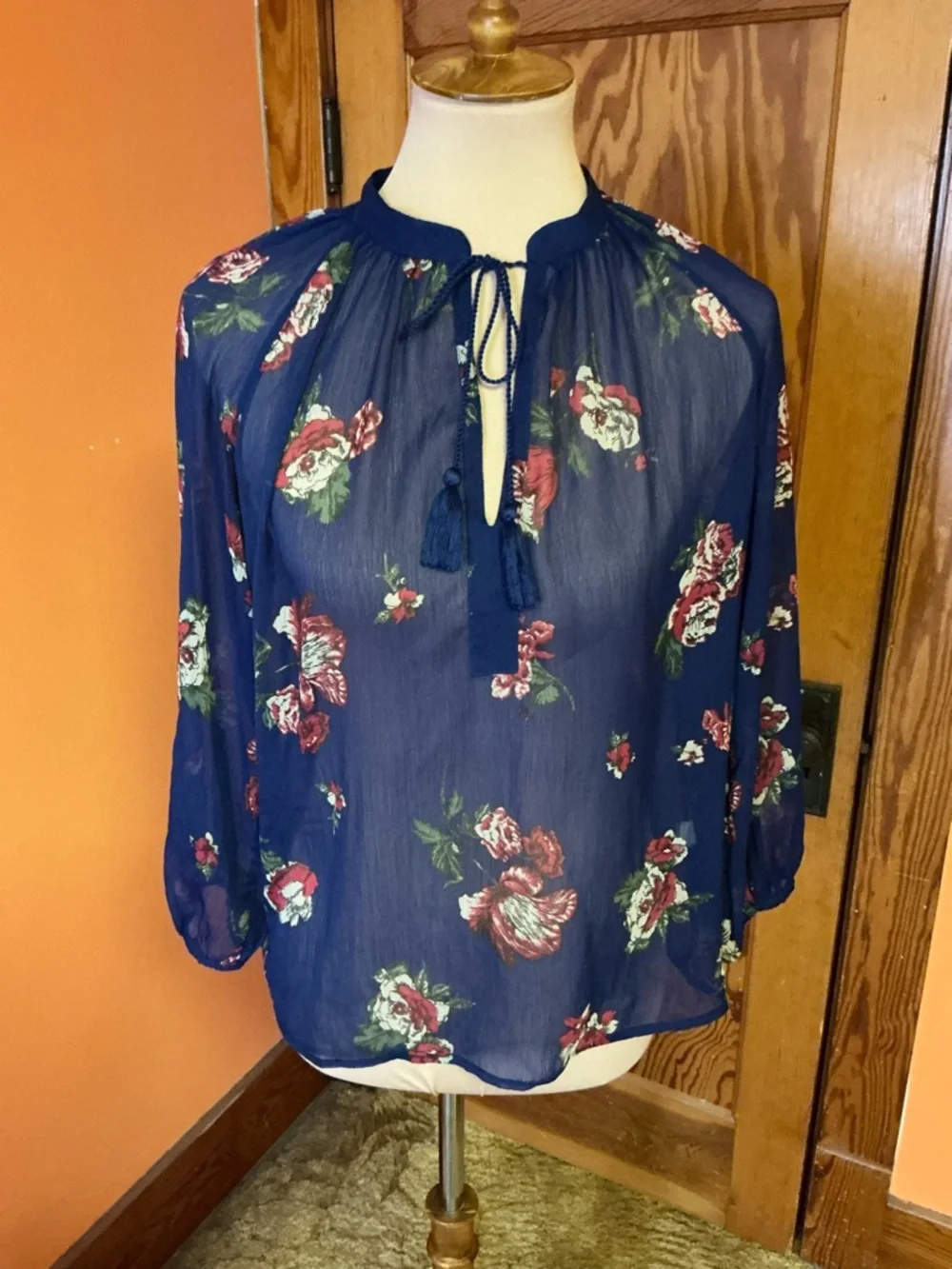 Lucky Brand Navy Floral Boho Blouse Tassel Tie Neck Sheer Peasant Top XS - Picture 5 of 10
